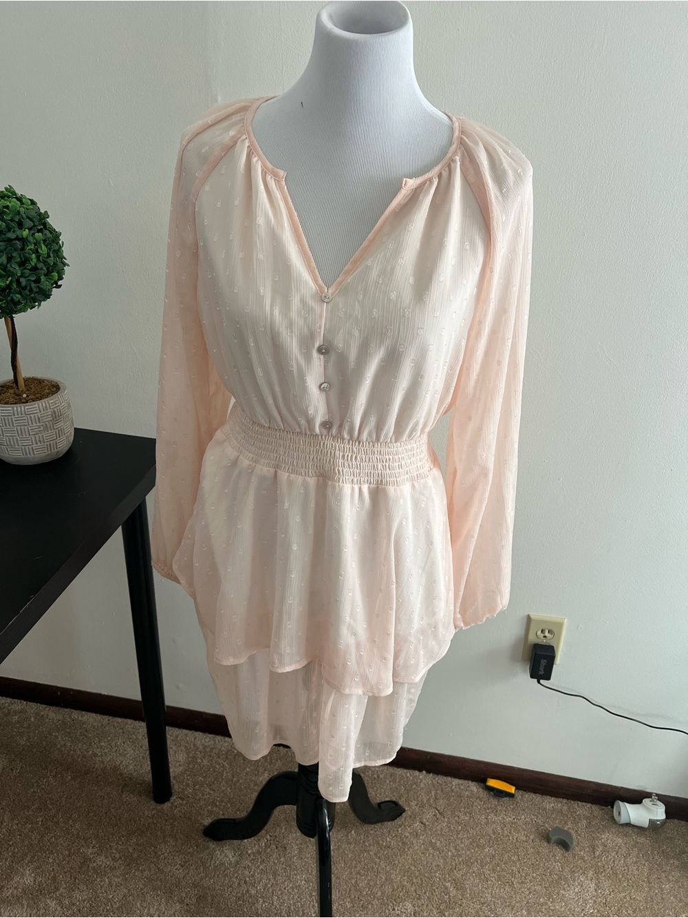 Sheer Blouson Waist Peplum Dress - Soft Blush